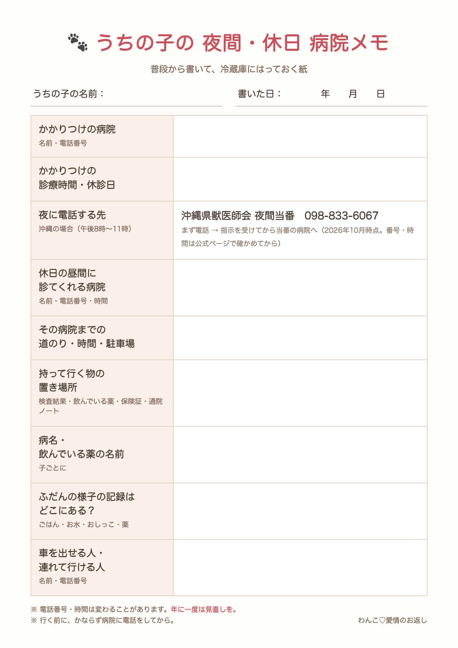 うちの子の夜間・休日病院メモ(書きこんで冷蔵庫にはる紙)